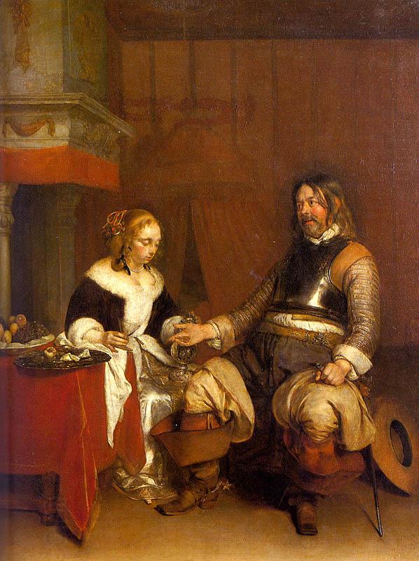 Gerard Ter Borch Soldier Offering a Young Woman Coins